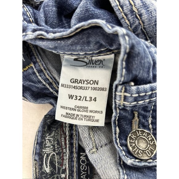 Silver Jeans Men 32 X 34 Grayson Blue Straight Leg Stretch Denim *stain* - Picture 13 of 13